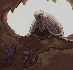 an illustration of a giant tortoise crawling out of a cave