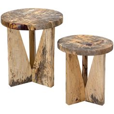 two wooden tables sitting next to each other