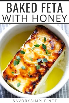 baked feta with honey in a white bowl