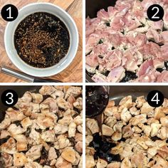 four pictures showing the steps in how to cook chicken