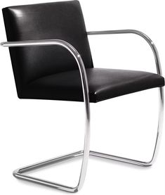 a black leather chair with metal frame and armrests on an isolated white background