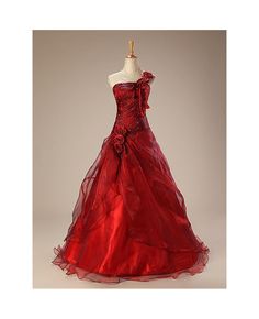 Shop affordable floral one shoulder ballgown organza beaded colored wedding dress online. Free Shipping and Custom-made. Pro since 2009. Red And Gold Dress, Colored Wedding Dress, Red Quinceanera Dresses, Ball Gowns Evening, Princess Outfits, Vintage Style Dresses, Online Wedding Dress, Red Outfit, Quinceanera Dresses