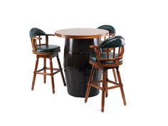 three stools and a table in front of a white background with a black barrel