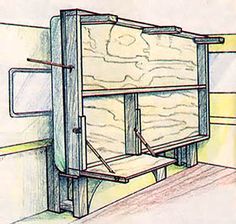 a drawing of the inside of a bus with wood paneling and metal railings