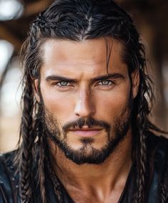 Men’s Double Braids Viking Braided Beard, Guys With Long Hair And Tattoos, Male Viking Hair, Daphne Leigh, Long Hair With Beard, Hairstyles For Men Long Hair, Long Thick Hair Men, Medium Beard Styles For Men, Men's Long Hair