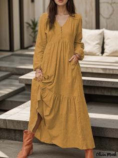 Olivia Mark - Vintage Buttoned Cotton Linen Casual Long Sleeve Maxi Dress with Pleated Hem - Multiple Colors Cotton Boho Dress, Vacation Maxi Dress, Cotton Long Dress, Womens Fall Dress, Long Sleeve Casual Dress, Women Maxi, Long Sleeve Maxi, Women Long Dresses, Types Of Skirts