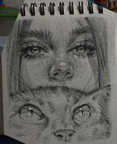 a pencil drawing of a woman's face and cat's head with eyes open