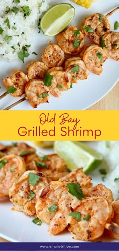 grilled shrimp on skewers served with rice and cilantro garnish