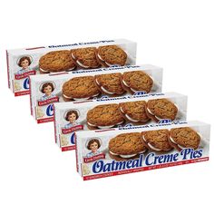 three boxes of oatmeal creme pies are shown in this image