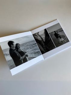 an open photo book with three pictures of people on the cover and one man holding a woman's hand