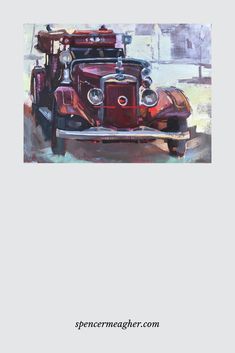 a painting of an old car with luggage on the back