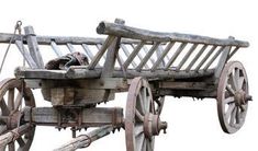 an old wooden cart with wheels and two birds perched on the front wheel, isolated against a white background