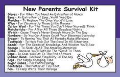 the new parents survival kit is shown in purple and white, with an image of a stork carrying a baby