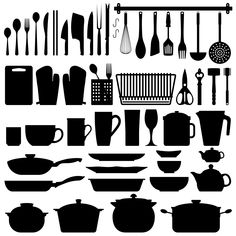 black and white silhouettes of kitchen utensils, cooking utensils and pots