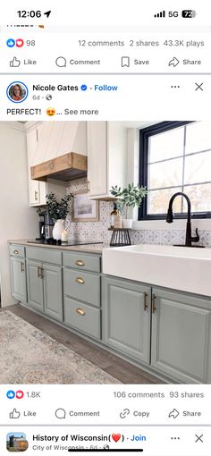 an instagramted photo of a kitchen with gray cabinets and white counter tops, along with the caption's tweet