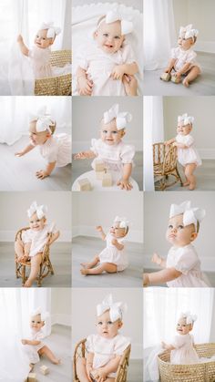 a collage of photos with baby in white outfits and hats sitting on a chair