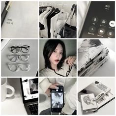 a collage of photos with various items including glasses, cell phone and other things