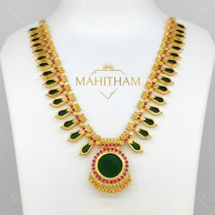 Gold plated Adheeva Green Nagapadam Necklace. This neck jewelry is typically worn with sarees and ethnic wear at occasions like weddings, engagements, and while visiting temples. Nagapadam Necklace Green, One Gram Gold Necklace, Ruby Chain, Neck Jewelry, Red Stones, Neck Jewellery