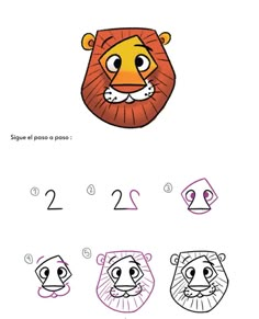 the instructions for how to draw a cartoon lion's head in different colors and sizes