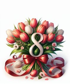 a bouquet of flowers with the number 8 on it's side and red ribbon