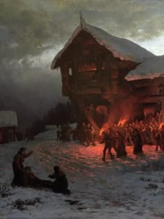 a painting of people in the snow near a house