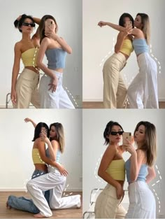 four pictures of two women in different outfits and one is taking a selfie with her cell phone