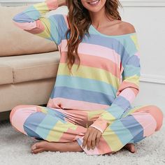 Rainbow Pajamas, Sweat Suit Outfits, Lounge Wear Spring, Comfy Things, Stripe Fashion, Cute Lounge, Pattern Rainbow, Comfort Fashion, Clueless Outfits