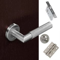 the door handle and latch are shown in two different colors, one is stainless steel