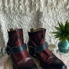 Freebird Santiago Harness Boot. Rare Find Nwot These Were A Pre-Covid Purchase, Life Changed, Foot Grew Never Been Worn Other Then To Try On And Pretend They Fit They Do Seem To Run A Bit Small Though Beautiful Deep Red And Black Embossed Croc Print W The Harness Detail. I Will Be Extremely Jealous Of Whomever Scores These Beauties! Would Like To Get Close To What I Pd, These Are No Longer Made, However, Offers Are Always Welcomed!! Freebird By Steven, Harness Boots, Croc Print, Deep Red, Red And Black, Try On, Life Changes, Bootie Boots, Ankle Boots