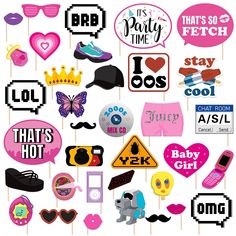 a bunch of pink and black photo props on a white background with words that say it's party time