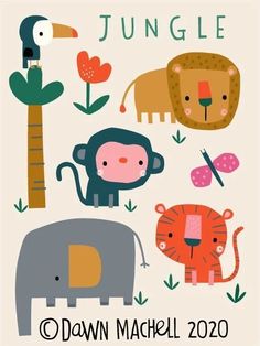 an illustration of jungle animals and plants with the words jungle written in large letters on them