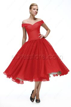 The red homecoming dress features off the shoulder neckline, checked organza fabric with nude lining, ball gown ksirt finishing with tea length. Blue Vintage Prom Dress, Prom Dresses Tea Length, Lavender Cocktail Dress, Tea Length Homecoming Dresses, Vintage Homecoming Dresses, Dresses Tea Length, Ball Gowns Vintage, Vintage Prom Dresses, Formal Fits