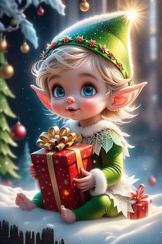 a little elf sitting on top of a snow covered ground holding a christmas present in her hand