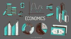 an illustrated set of economic and finance icons, including graphs, pies, bars, coins