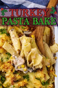 Turkey pasta bake with a text overlay title. Turkey Pasta Bake, Turkey Pasta, Healthy Christmas Recipes, Turkey Leftovers, Roasted Sprouts, Quick Pasta Recipes, Leftover Cranberry Sauce, Grilled Turkey, Baked Pasta Recipes