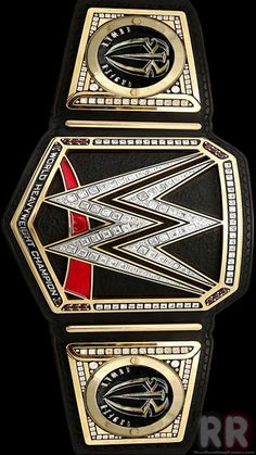 a wrestling belt with two different designs on the sides and one is gold, black and red