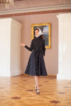 Fit and Flare Coat with A-Line Skirt in Black | 'Timeless Polka Dots' – RainSisters Coat Details, Fit And Flare Coat, Linen Dresses Summer, Belt Coat, Finnish Fashion, Knit Alpaca, Knit Bottom, Full Circle Skirts, Girl Coat