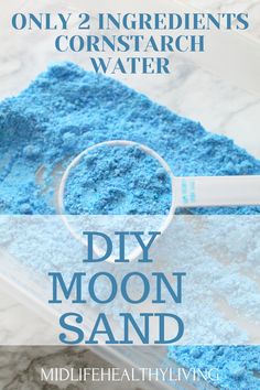 blue moon sand in a bowl with a magnifying glass over it and the words diy moon sand on top