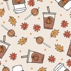 an image of a pattern with drinks and autumn leaves