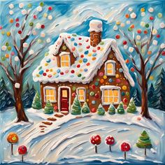 a painting of a house covered in snow with trees and candy balls on the roof