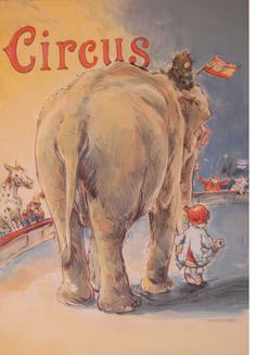 an elephant is standing in front of a circus sign with children looking at the elephants