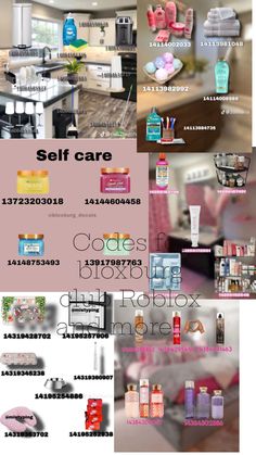 a collage of photos with different items in it and the words self care on them