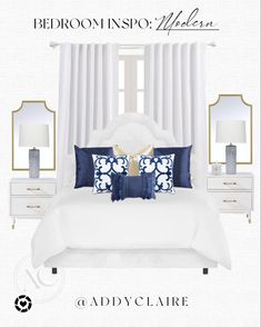 the bedroom is decorated in blue and white with gold accents on the headboard, pillows, and nightstands