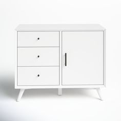 a white cabinet with three drawers on one side and an open drawer on the other