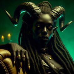 a woman with black makeup and horns on her head