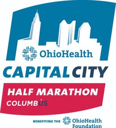 the capital city half marathon logo is shown in red, white and blue with an image of