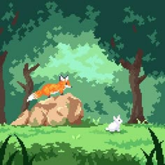 pixel art fox and rabbit running in the forest with green grass, trees and rocks