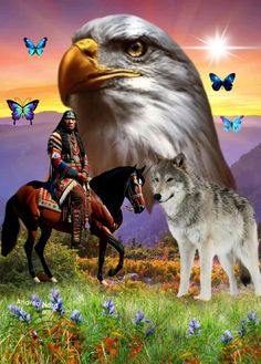 an eagle sitting on top of a horse next to a wolf