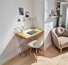 a chair and desk in a small room