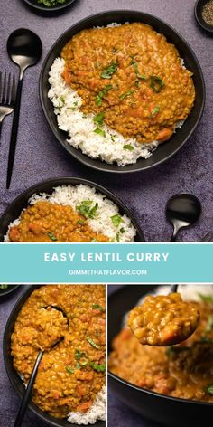 an easy lentil curry recipe with white rice in a skillet